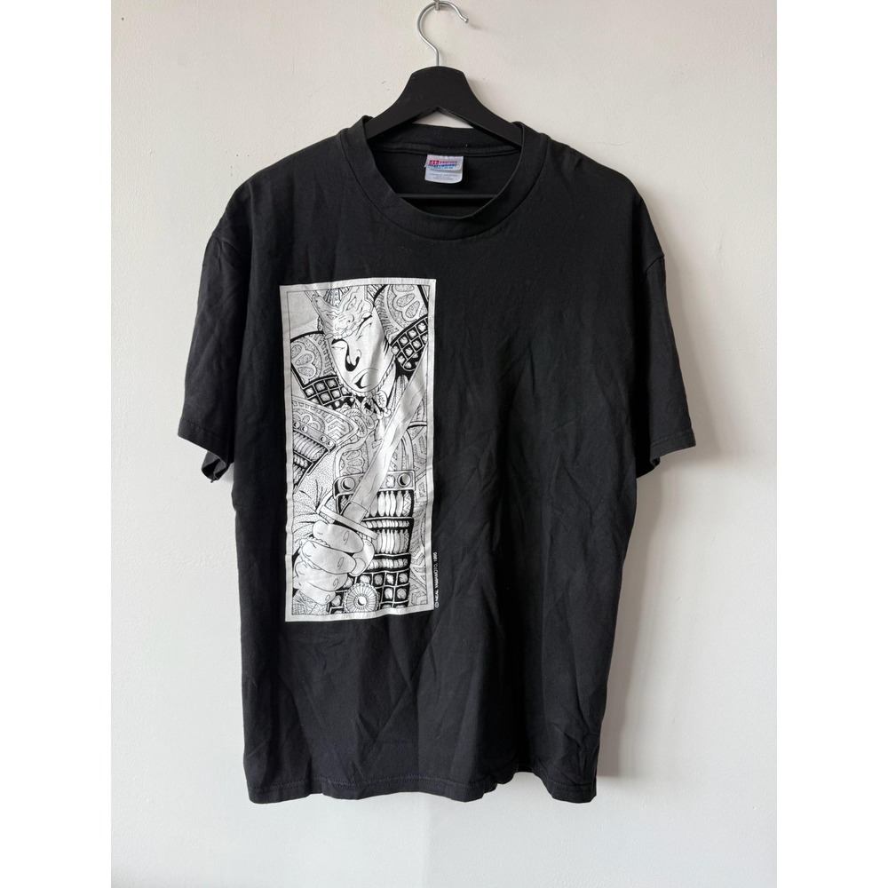 Vintage Samurai Artwork Mens Large Black Hanes Heavyweight Made USA Comic 90s‎
